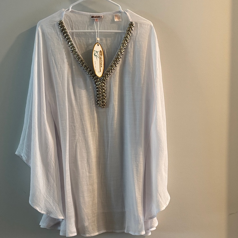 Beaded V-Neck White Tunic Top - Casual Beach Cover-Up